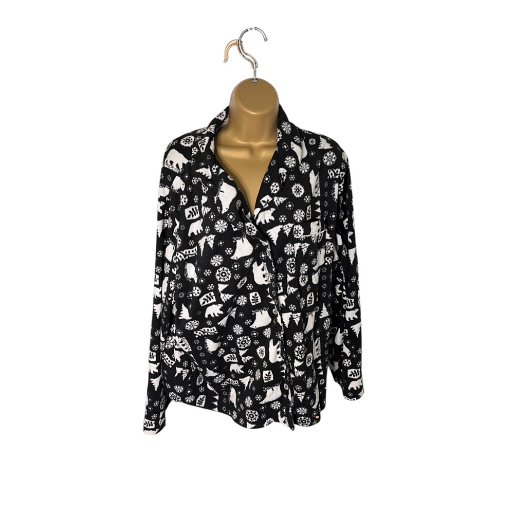 Simply Basic Winter Fleece Long Sleeve Button Down Pajama Top Black Combo 3X
